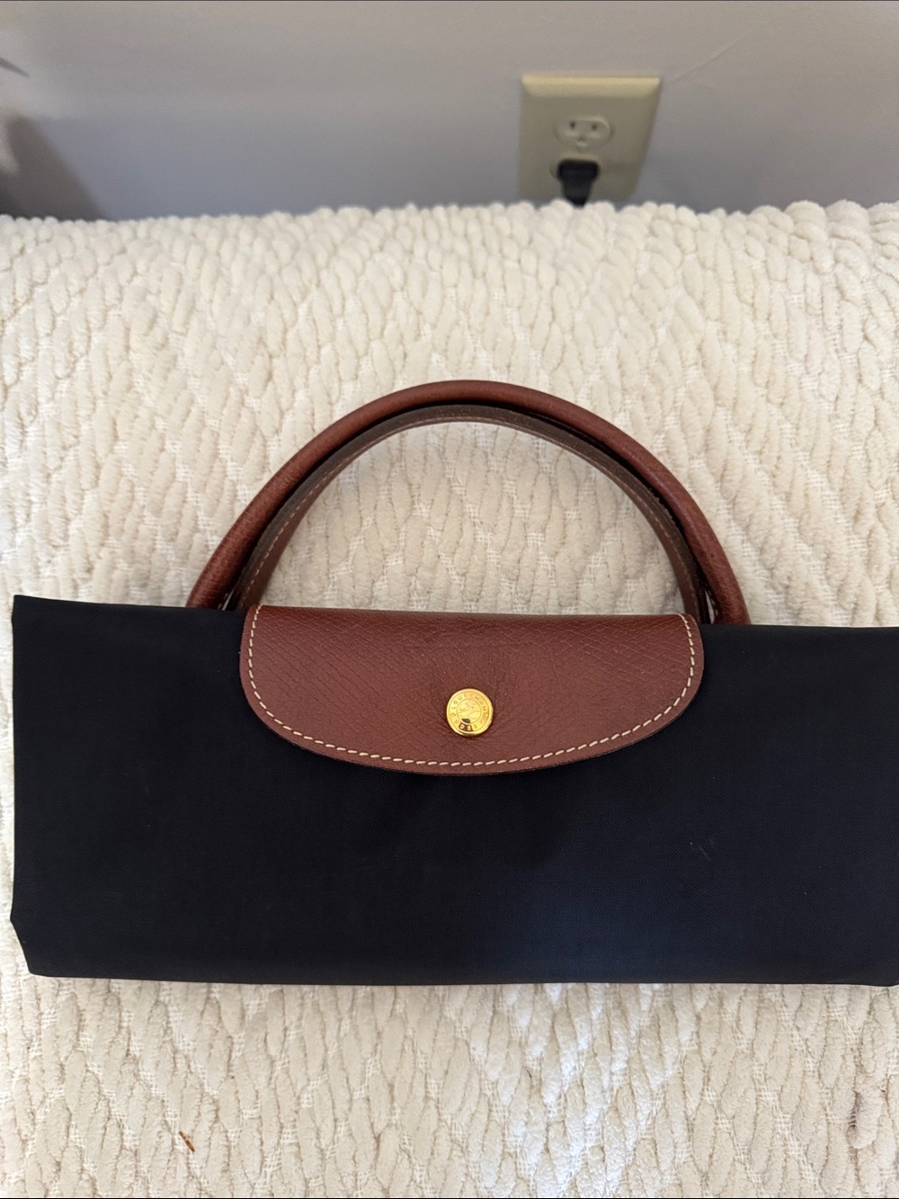 Longchamp Navy Nylon Tote with Brown Leather Trim and Handles - Picture 6 of 6
